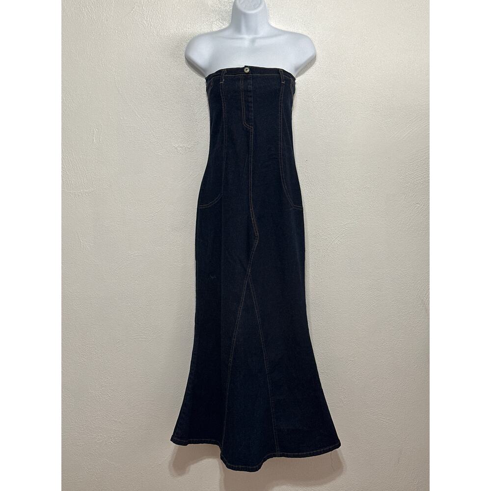VTG 90s White Moon Strapless Denim Pants Maxi Dress L Western Coquette City Chic